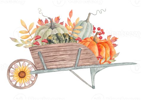 Wooden Garden Wheelbarrow With Pumpkins And Leaves Mushrooms And