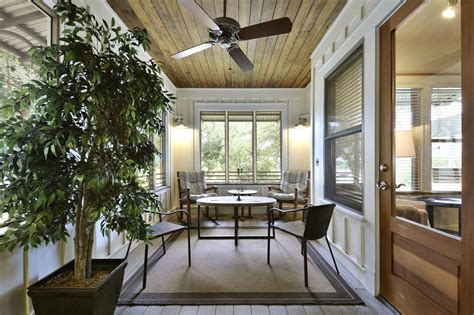 The best ceiling fan which suitable for covered porches, patios, and sunrooms. Transitional Sunroom Features Wood Paneled Ceiling | HGTV