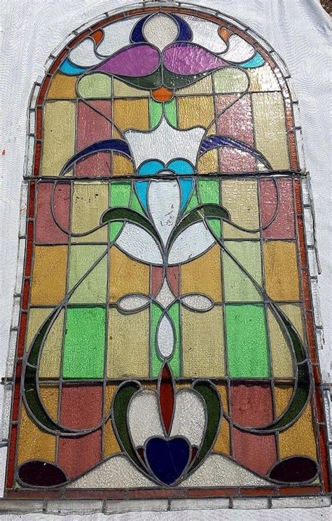 Large Art Nouveau Stained Glass Window 68 X 37 In 2 Sections