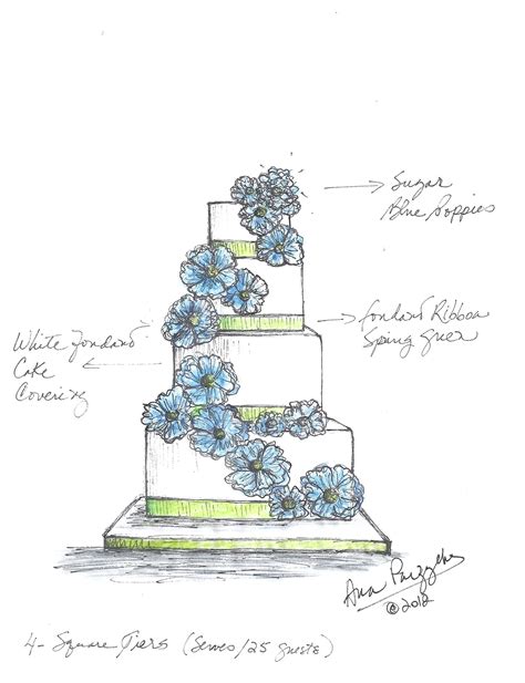 Blue Poppies Wedding Cake Sketch Wedding Cake Drawing Wedding Cake Art