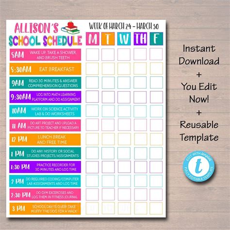 Homeschool Schedule Daily Weekly Subject Checklist Editable Diy