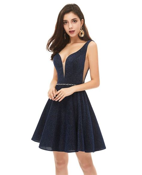 Navy Blue Sparkly Sexy Short Prom Dress With Vneck Beaded Waist Ez08k