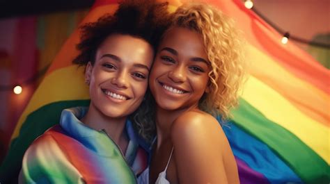 Premium Ai Image Two Lesbian Girls With Rainbow Flag Happily Smiling And Celebrating Deeply In