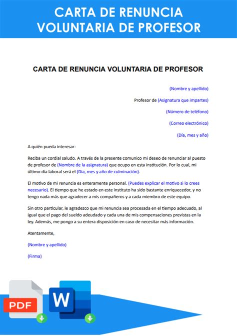 Ejemplo De Carta De Renuncia Voluntaria Profesor Word