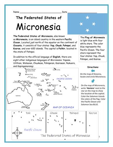The Federated States Of Micronesia Introductory Geography Worksheet Teaching Resources
