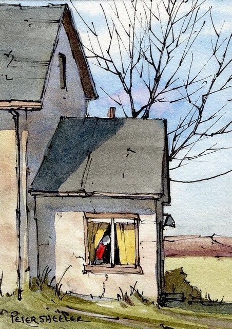 A Drawing Of A House With A Tree In The Window And A Bird Flying By