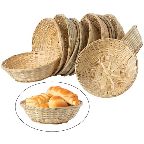Set Of 12 Round Bamboo Serving Wicker Bread Roll Baskets Display Tray