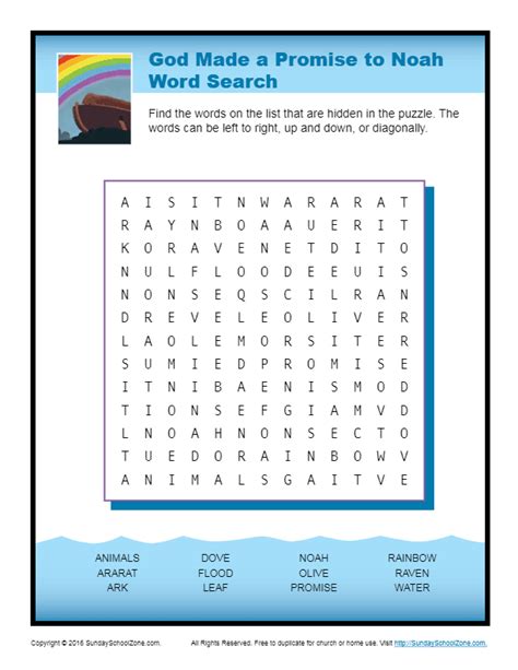 God Made A Promise To Noah Word Search Childrens Bible Activities