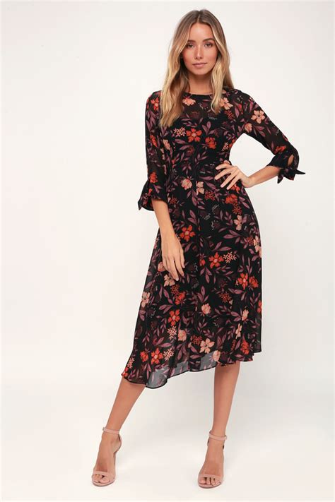 Maybe you would like to learn more about one of these? I. Madeline Dress - Black Floral Print Dress - Midi Dress ...