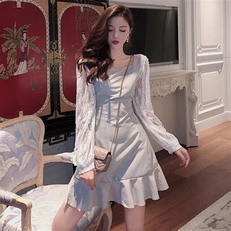 Party Mini Dress Women Aesthetic Lace Spring Elegant Fashion Chic Solid New Autumn Hipster Moda