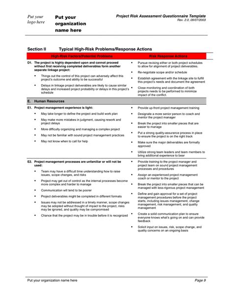 Risk Assessment Questionnaire Template In Word And Pdf Formats Page