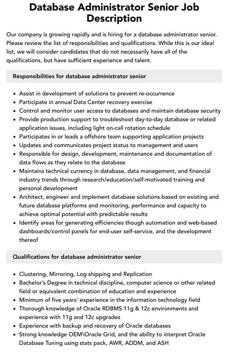 Database Administrator Senior Job Description Velvet Jobs