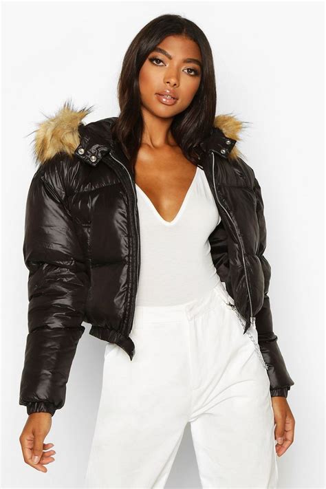 Tall Faux Fur Hooded Crop Padded Coat Padded Coat Leather Jacket