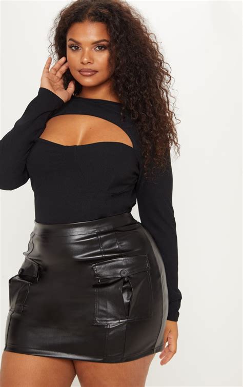 Plus Black Faux Leather Cargo Pocket Mini Skirt Prettylittlething Usa