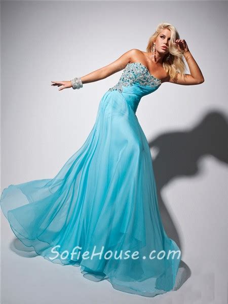 Elegant Strapless Long Light Blue Chiffon Prom Dress With Beading