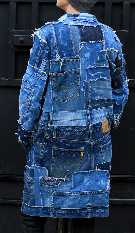 Zinanatko Design Patchwork Denim Jacket Long Jeans Coat Distressed