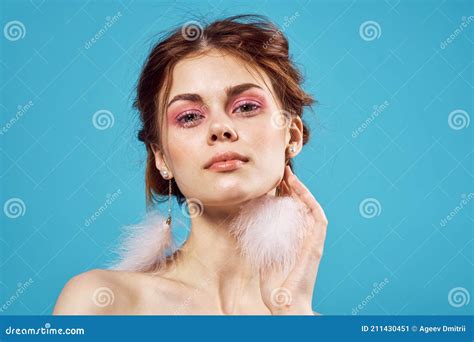Beautiful Woman Glamor Nude Shoulders Earrings Luxury Close Up Blue