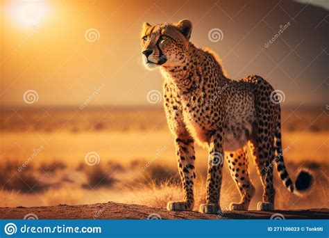 Cheetah At Savanna On Sunset Sky Background Animal And Nature