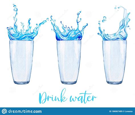 set of three watercolor glasses with water splashes stock illustration illustration of splash