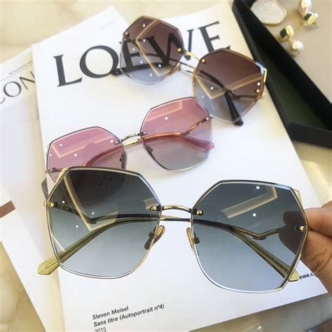Fashion Oversized Rimless Polarized Sunglasses Women Diamond Cutting Lens Sun Glasses Buy