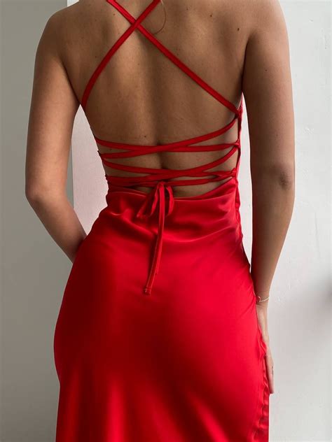 Red Silk Slip Midi Dress Open Back Bridal Dress Women Silk Etsy