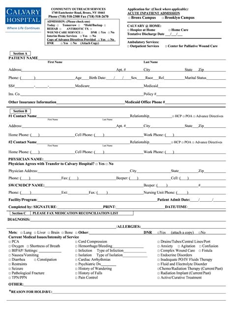 Printable Hospital Admission Form