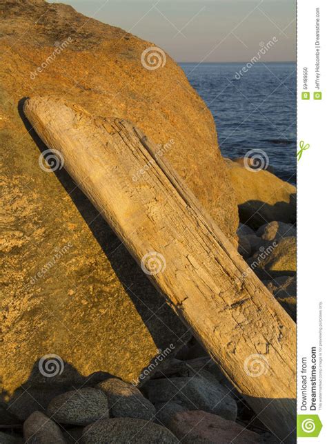 Driftwood Log Leaning On Glacial Boulder Water In Background C Stock Photo Image Of Water