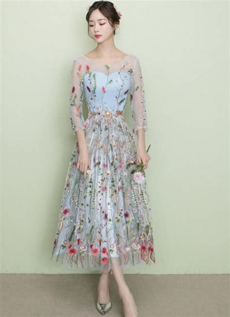 Light Blue Tea Length Lace Floral Wedding Party Dress