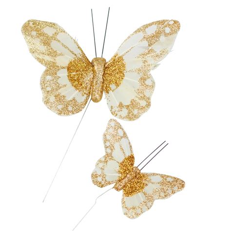 Gold Glittered Cream Artificial Butterflies Anniversary 25th And