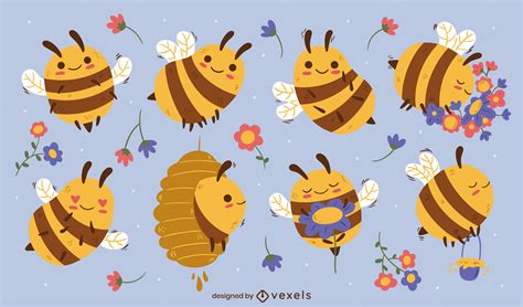 Cute Nature Bee Character Set Vector Download