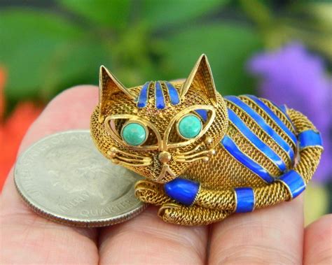 Vintage Mesh Cat Brooch Pin Chinese Silver Turquoise Gold Blue Enamel