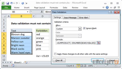 Excel Formula Data Validation Must Not Contain Exceljet