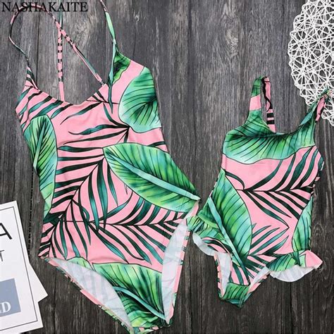 Nashakaite Mother Daughter Matching Swimsuit Beach Tropical Leaf Print
