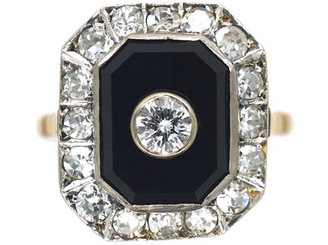 Art Deco 18ct Gold And Platinum Onyx And Diamond Octagonal Shaped Ring