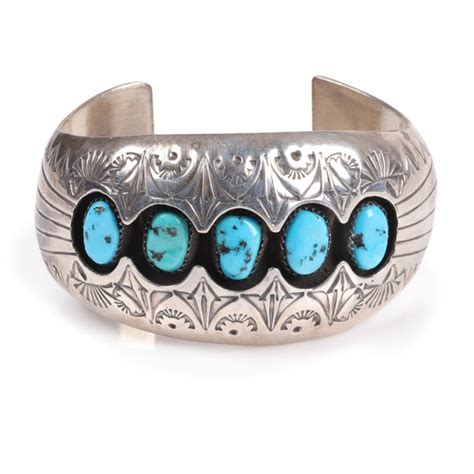 Pauline Benally Native American Sterling Silver Shadowbox Turquoise Cuff Bracelet With Stamp Work 2