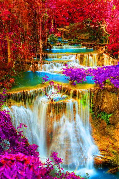 Colorful Flowers Trees Waterfall Red Purple Blue Landscape