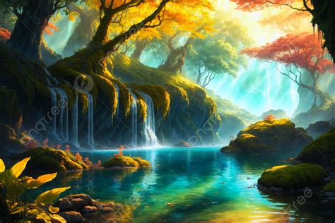 Fantasy Little Waterfalls Scenery At Sunny Day Painting Generative Ai