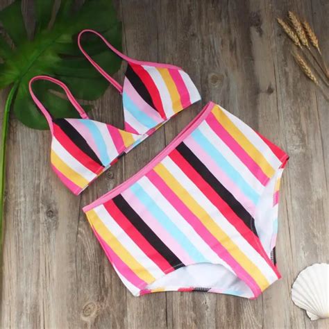 Ishowtienda Women High Waist Rainbow Swimwear Bikini Set Push Up Padded