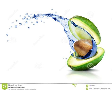Avocado With A Moving Splash Of Water Isolated On White Stock Image