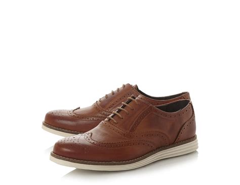 Dune Mens Bayside Leather Brogue With White Wedge Sole Tan Dune