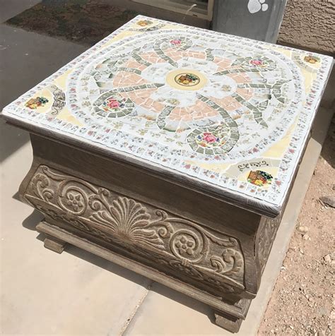 Mosaic Side Table Designed And Made With Antique Dishes Mosaic