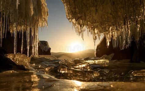 Ice Cave Sun Mountains Sunrise Icicles Lake Stock Photo