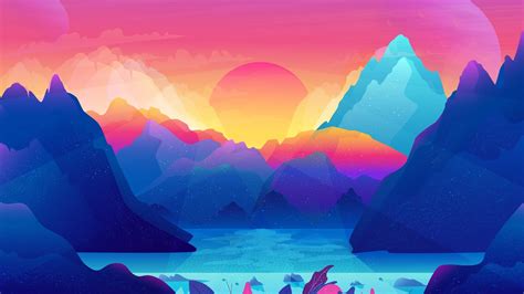 Blue And Red Abstract Painting Digital Art Mountains Sunset Hd