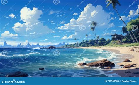 Anime Beach Scene With Palm Trees And A House Ai Stock Image Image Of Beach Outdoors 290359589