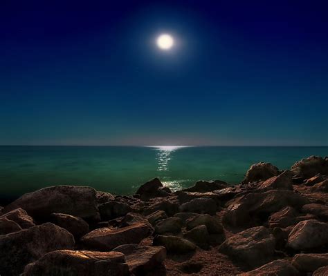 Landscape Nature Photography Rocks Sea Moon Starry Night
