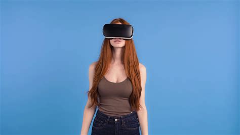 Redheaded Girl In Vr Headset Casual Outfit She Smiling Listing And