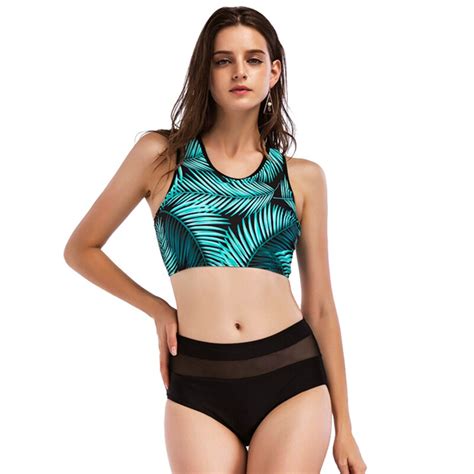 buy sexy banana leaf palm print bikini set with high waist mesh patchwork