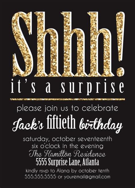 Shhh Its A Suprise Party Invitation Black White Gold Etsy Suprise