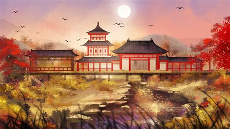 Wallpaper Chinese Retro Style Park Art Drawing 1920x1080