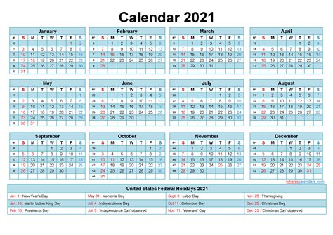 Free 2021 Printable Calendar With Holidays